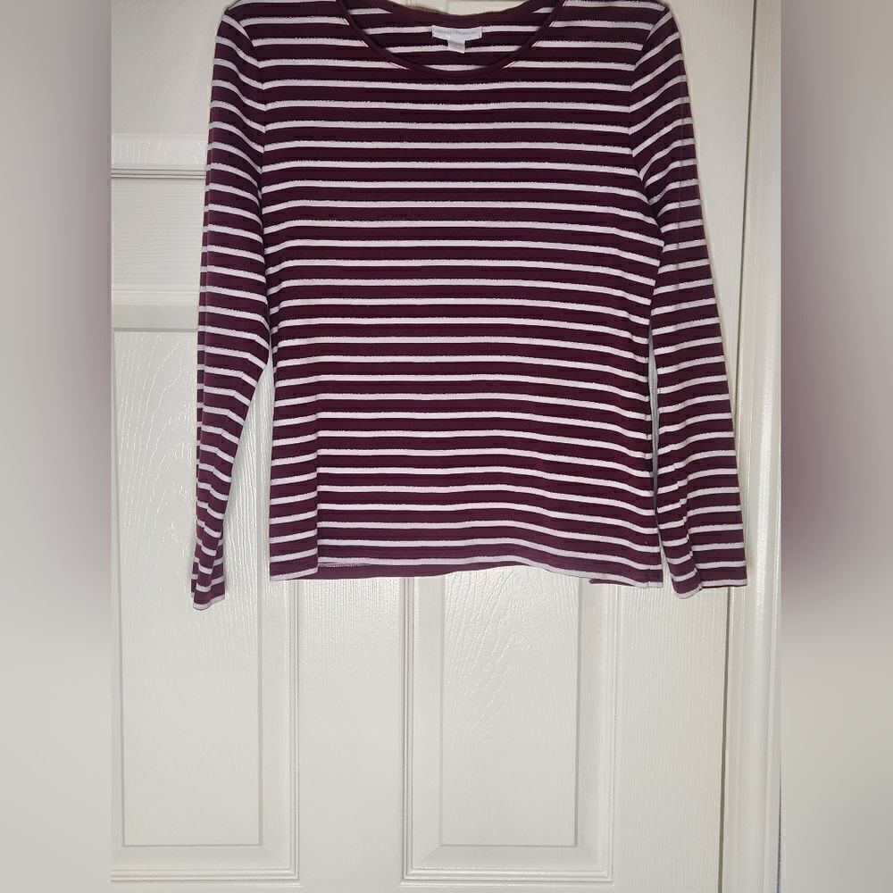 Charter Club L Striped Burgundy White Metalic Lngslv PIMA COTTON Blend Women Top